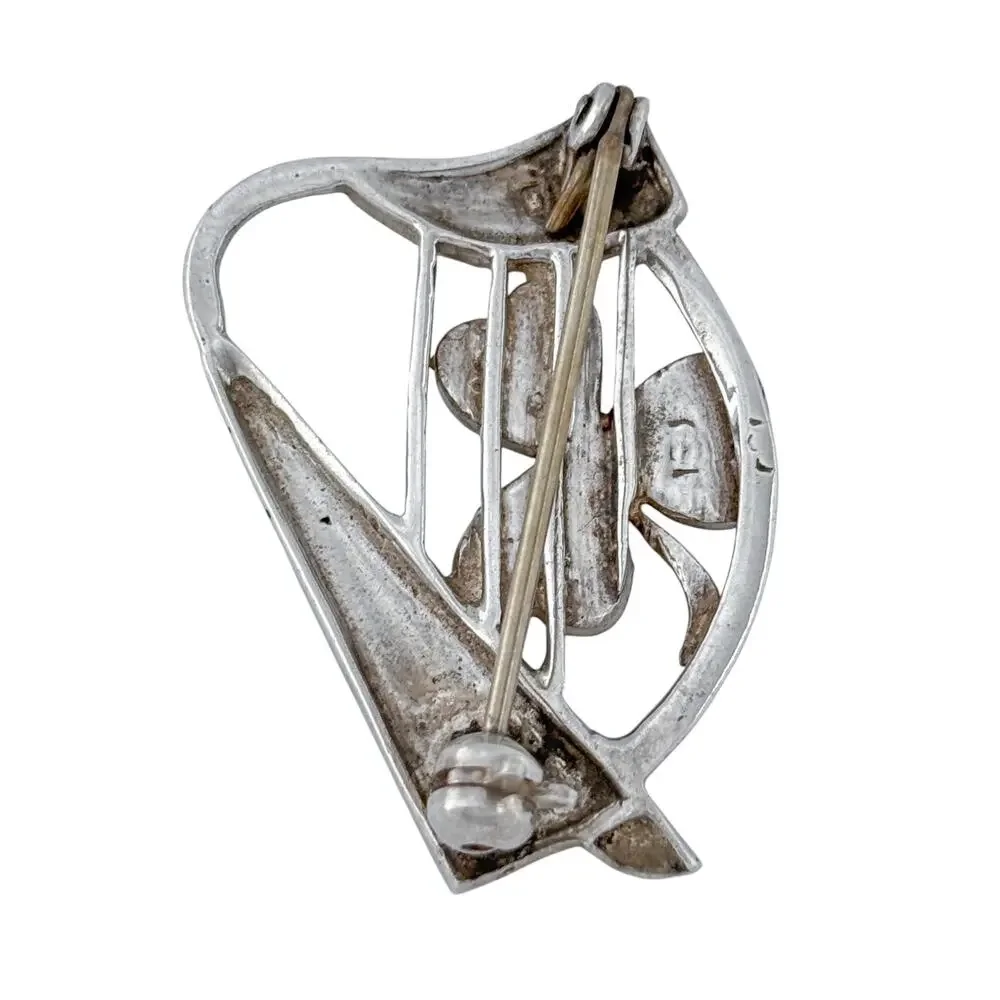 Vintage Sterling Silver 925 Connemara Marble Shamrock Harp Brooch